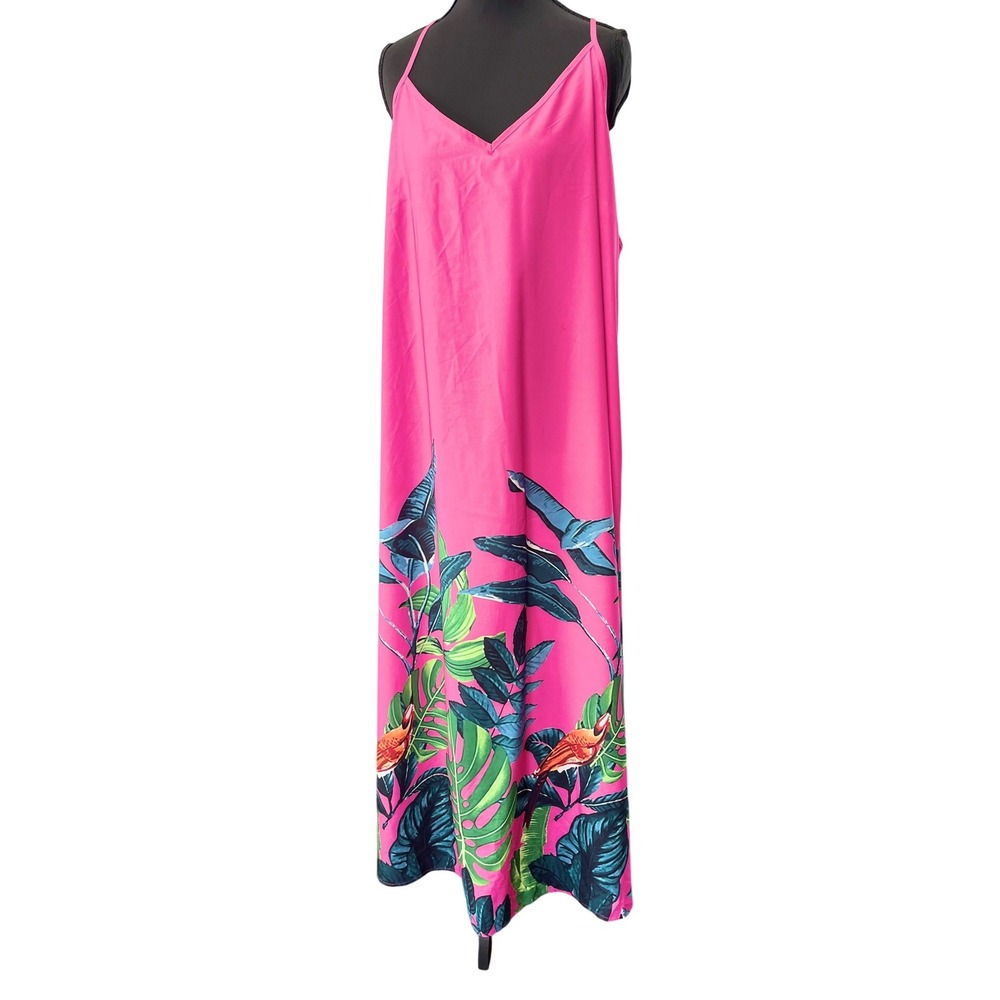 SHEIN Curve Maxi Dress Women 4XL Hot Pink‎ Tropical Floral Bird Slip V-Neck